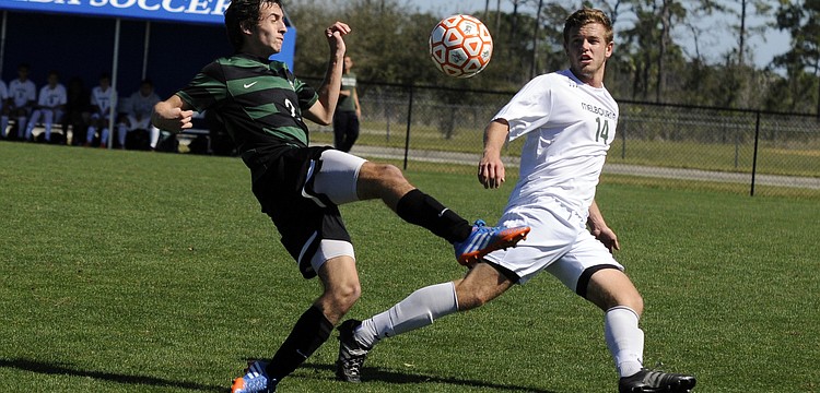 Lakewood Ranch sophomore midfielder Felipe Dangond attempts to maintain possession for the Mustangs in the first half of the Class 4A Final Four Feb. 14.
