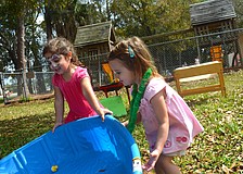 Cousins and 3-year-olds Haven Wood and Madeline Barett try to empty toys out of the pool.