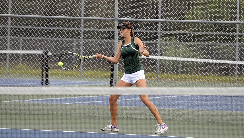Lakewood Ranchâ€™s Ashley Bongart sends the ball back over the net during her No. 1 singles match March 5.
