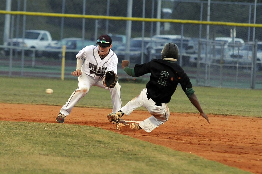 Braden Riverâ€™s Tyler Dyson catches Lakewood Ranchâ€™s Cameron Pearcey attempting to steal second base.