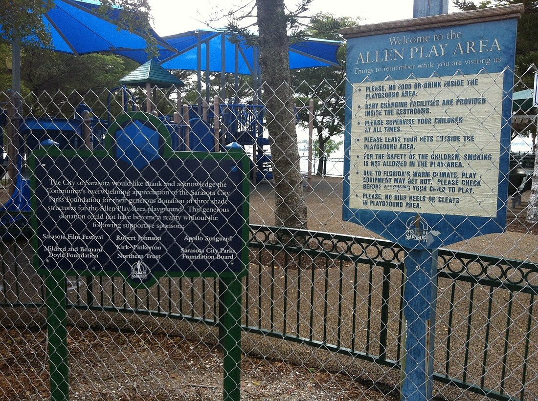 Allen Play Area is fenced off as the city looks for a way to address corrosion discovered on the playground equipment.