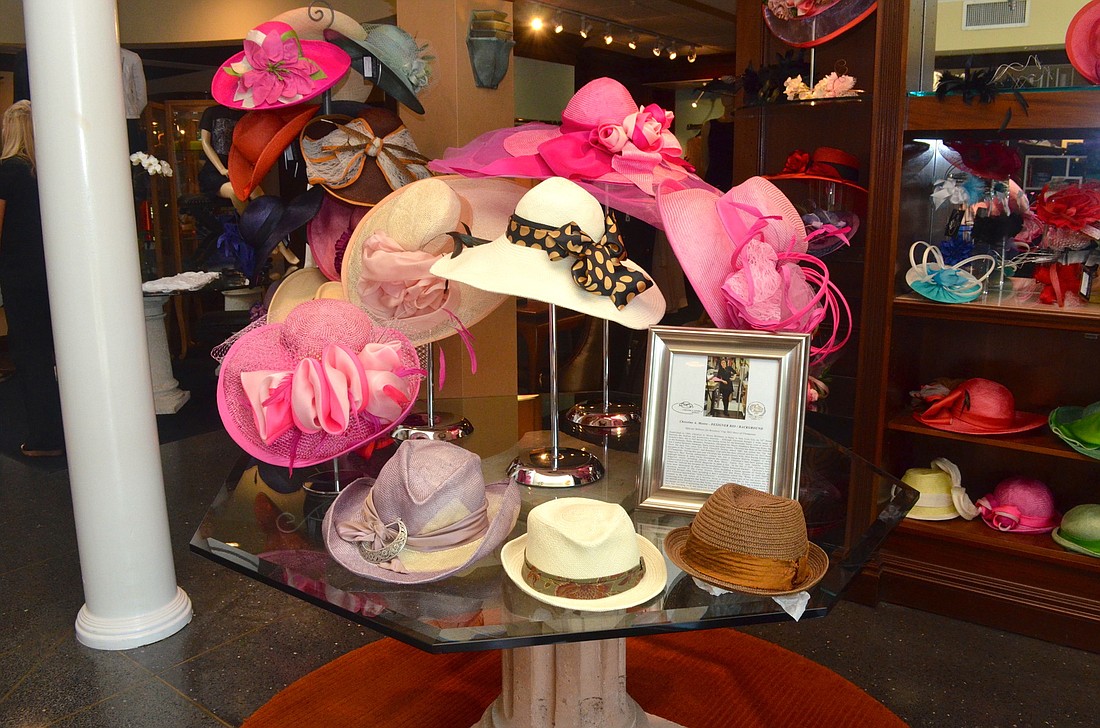 A variety of Christine A. Moore hats displayed at The Met during the Christine A. Moore Hat Trunk Show. The beige Christine A. Moore hat, above, would match well with many colors and styles of outfits.
