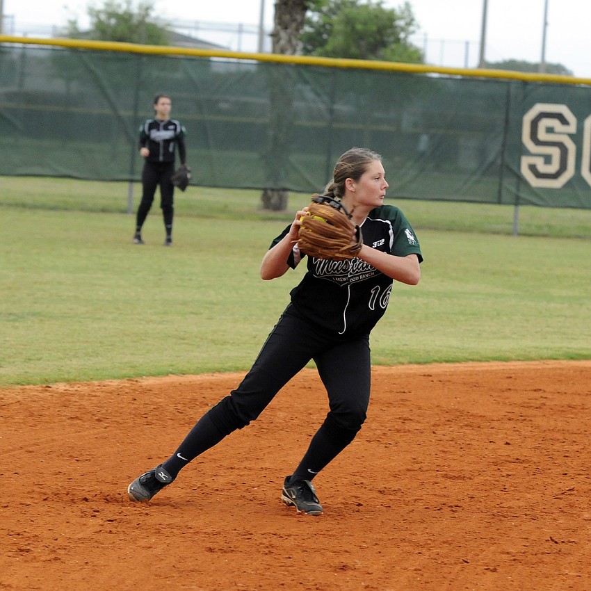 Lakewood Ranch shortstop Gretchen Ebert fields a ground ball for an out in the top of the first inning.