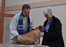 The Rev. Brian Bagley-Bonner blesses Piper, a beagle/pug mix owned by Marge Hooie.