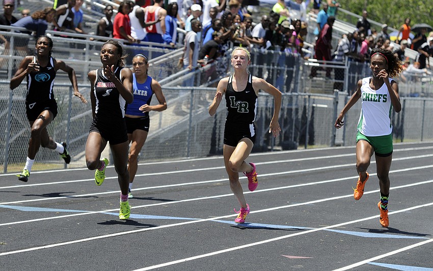 Lakewood Ranch freshman Sophia Falco set a new personal record in the 100-meter dash, crossing the finish line in 11.97 seconds to finish second.