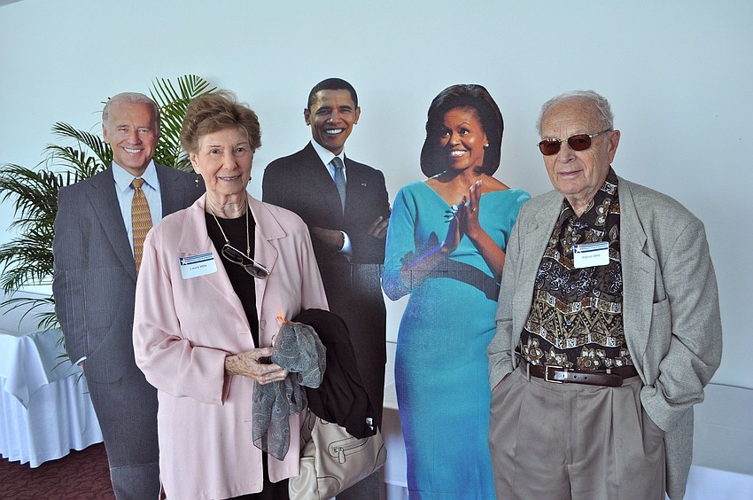 Laura and Marvin Mills pose with the cut-outs at the Democratic Club of Sarasota meeting Saturday afternoon.