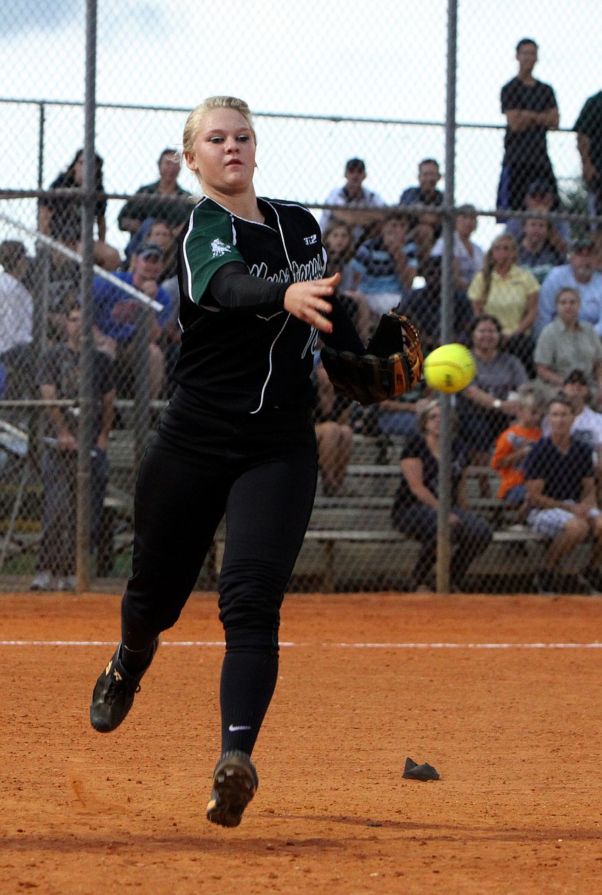 Lakewood Ranchâ€™s Amanda Rak, No. 14, throws the ball to first.