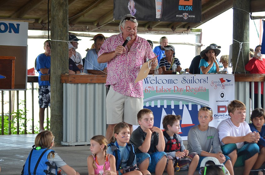 David Jennings talks to the sailors during the â€œSkippers Meeting.â€