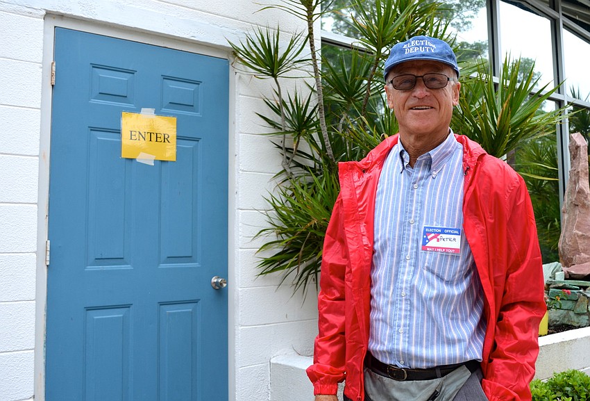 Peter Kruppenbacher greets voters at Longboat Island Chapel
