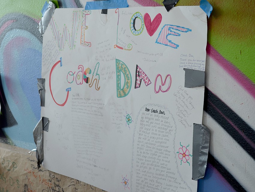 Tributes to Coach Dan Giguere line the walls at Payne Skate Park.