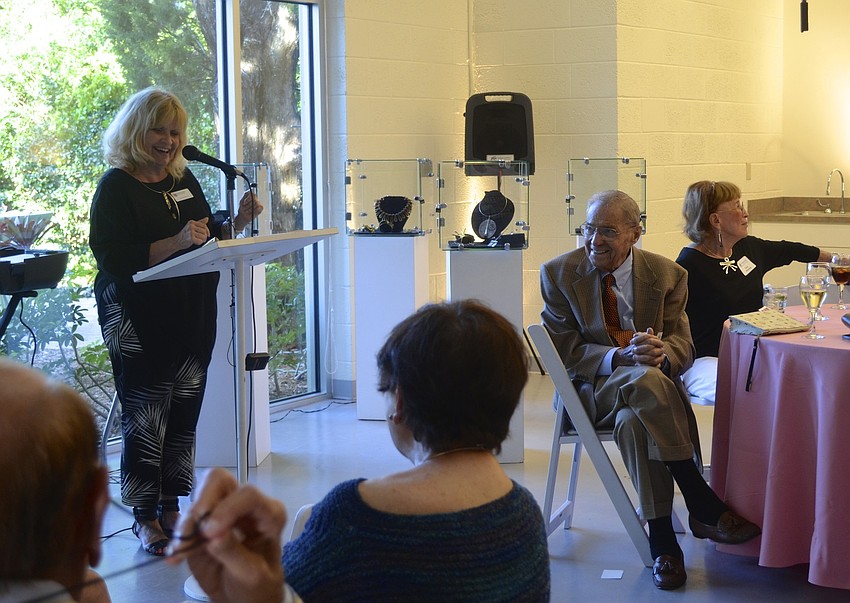 Jane Buckman, Director of Longboat Key Center for the Arts, welcomes attendees to the reception.