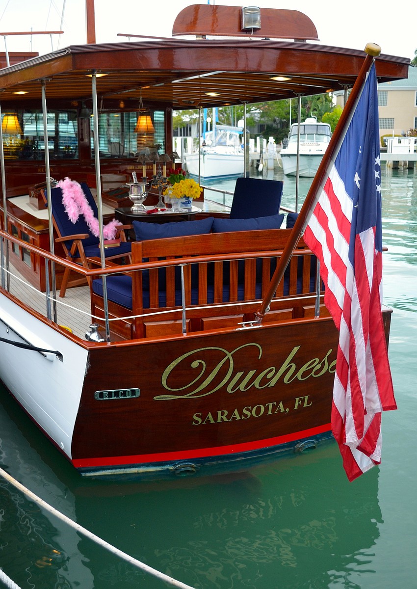 The Duchess, a restored 1930 Elco belonging to the Dickert family, was on display at the party.