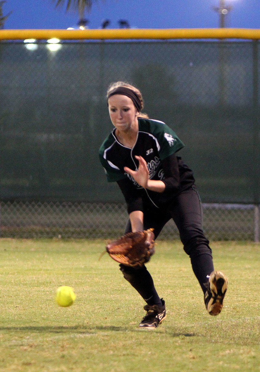 Lakewood Ranchâ€™s Sierra Schappacher, No. 2, races towards the ball in right field.