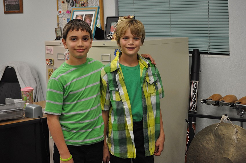 Ryan Barbanera and Ryan Cody play the xylophone in the â€œorffâ€estra.