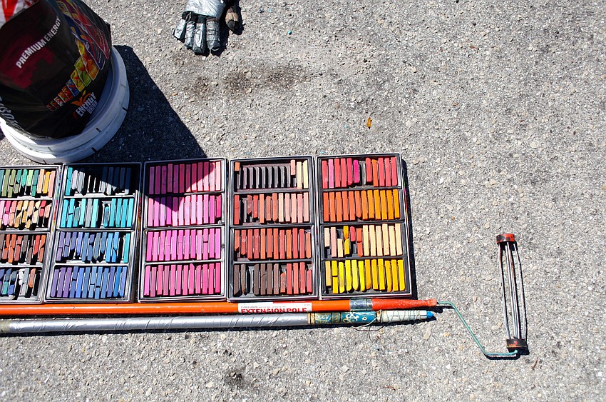 Rows and rows of colorful chalk were used in Stig Lindowâ€™s work.