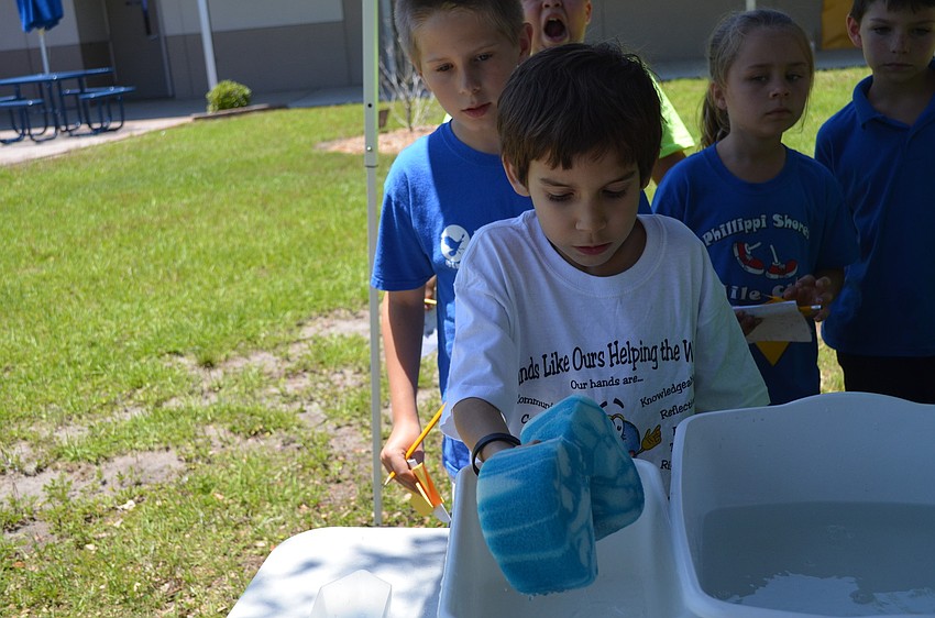 Jaden Maggio squeezes the water out of a sponge.