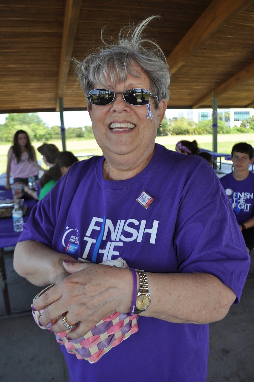 Survivor Sherrie Henderson, survivor co-chairwoman, prepares to draw a raffle ticket.