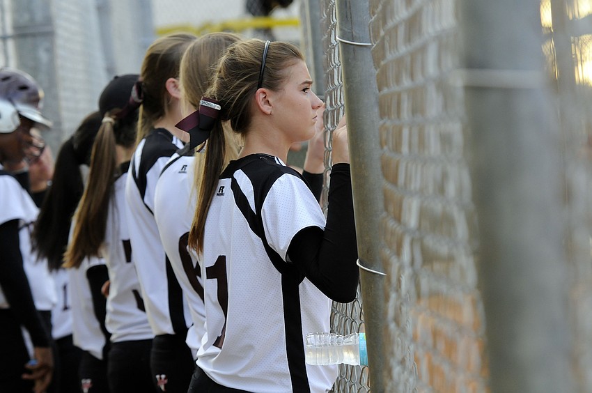 Braden River sophomore Raelyn Horton-Bastien looks on as the Lady Pirates bat in the first inning.