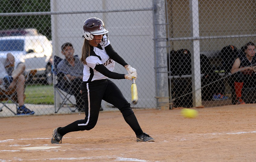 Braden River pitcher Courtney Mirabella makes contact in the bottom of third inning.