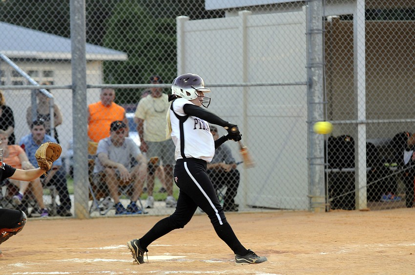 Braden River senior Hannah Loyer makes contact in the bottom of the second inning.