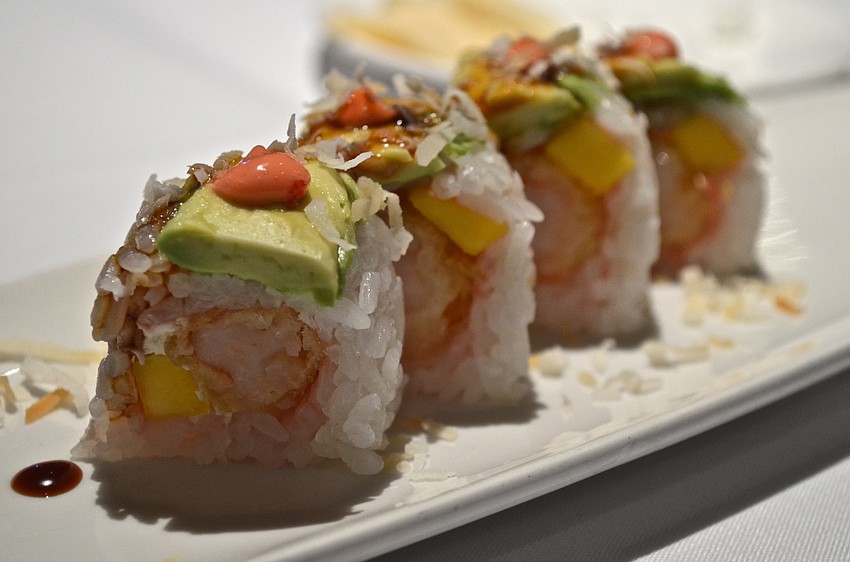 Shrimp Ebi Sushi Roll with mango, cream cheese and cocoanut