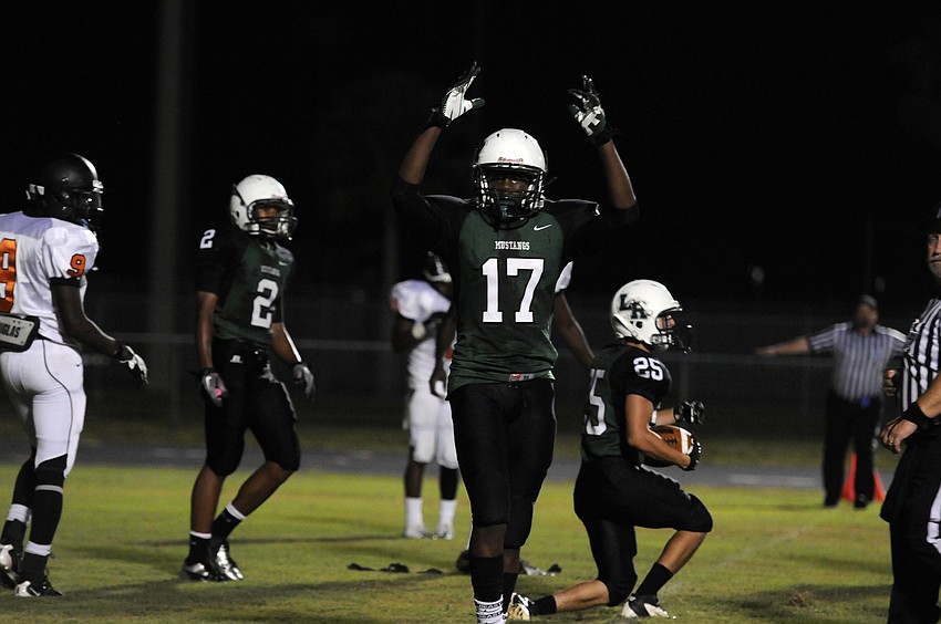 Lakewood Ranch wide receiver Brendan Hadley celebrates following a Mustangs touchdown.