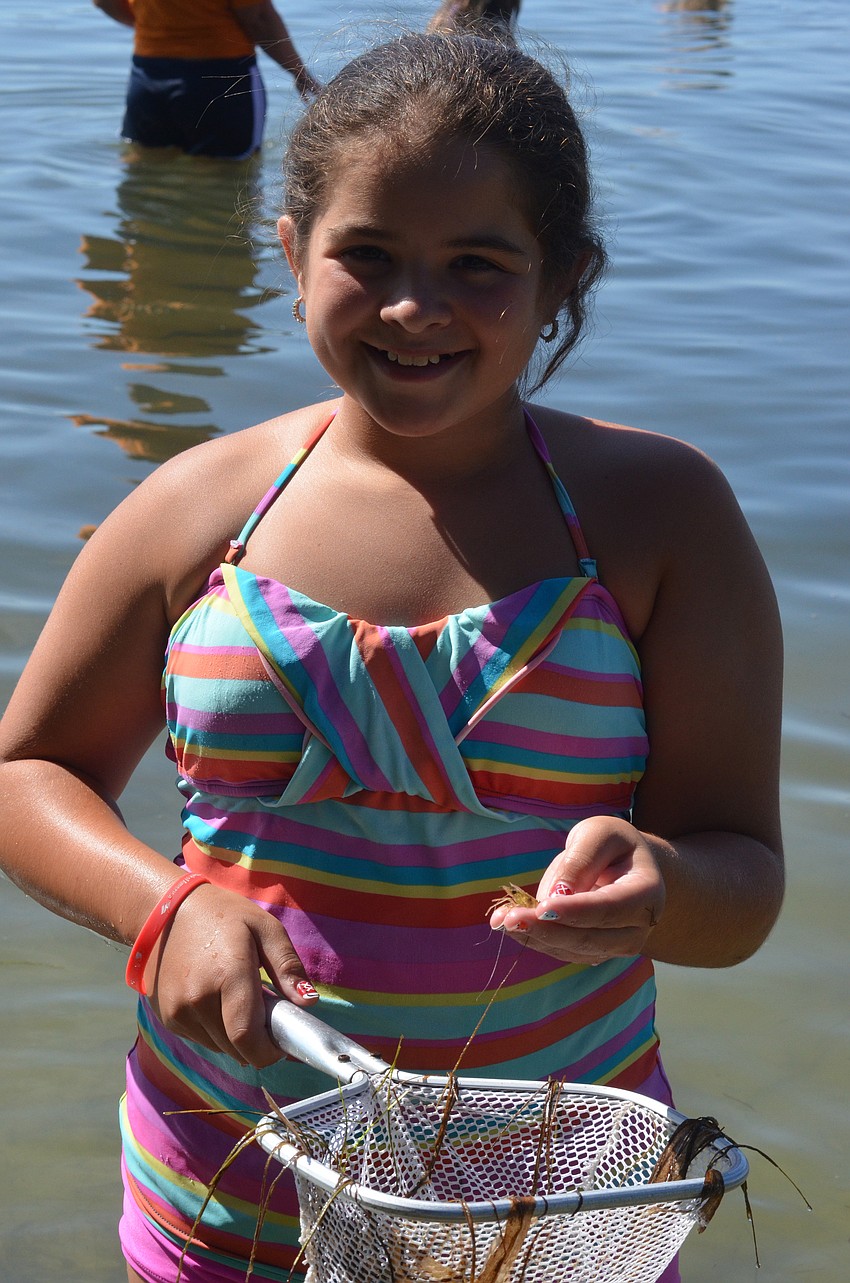 Kalie Devaney, 11, is excited about the large shrimp she caught in her net.