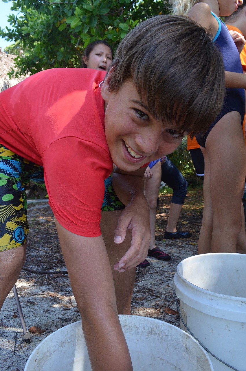 Zach Barrett, 12, reaches in to feel a tiny shrimp.