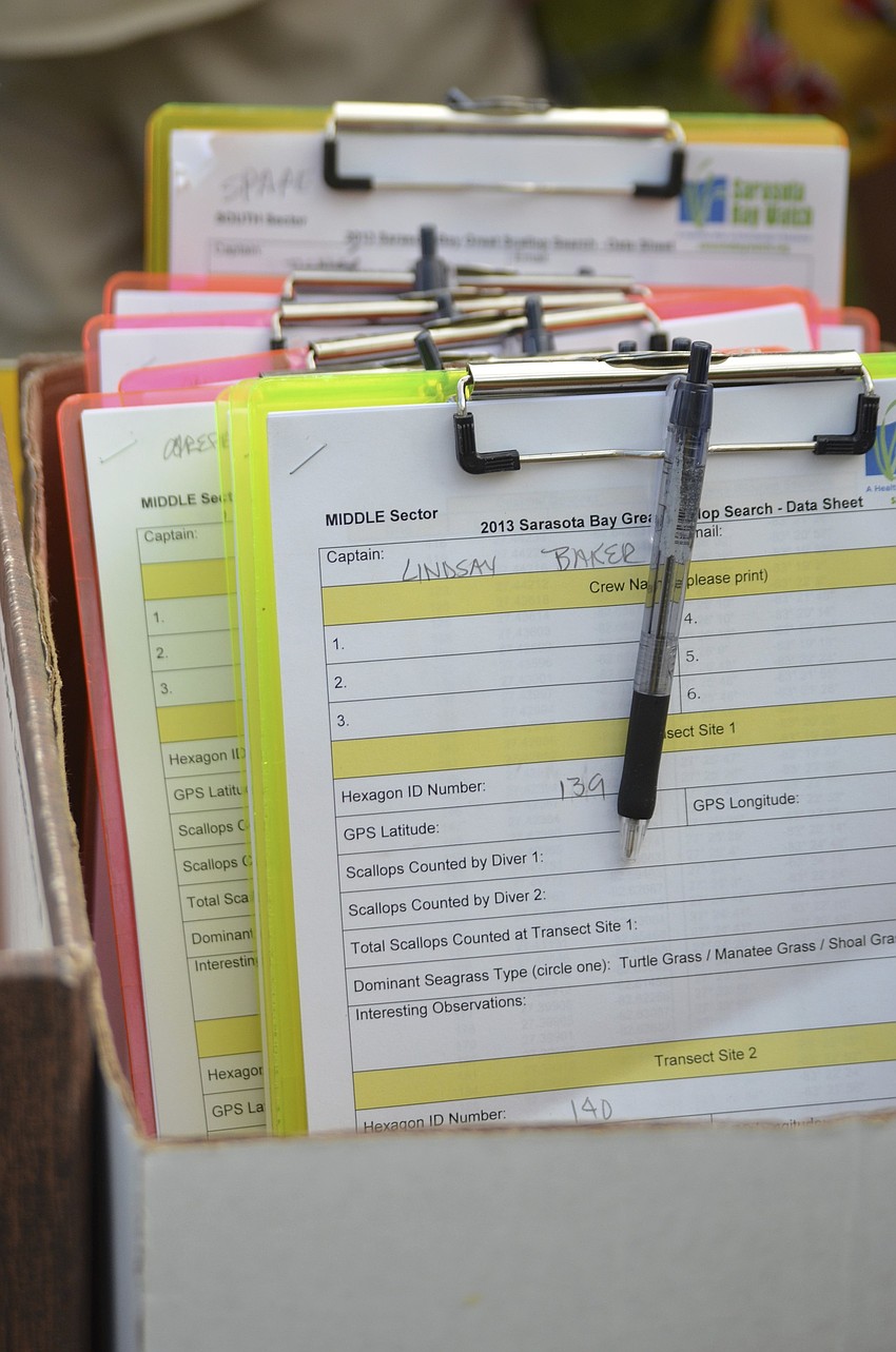 Each captain receives a clipboard to record any data about scallops and other sea life that they find.