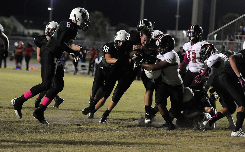 Lakewood Ranch tight end Wyatt McLeod fights his way to the goal line early in the second quarter.