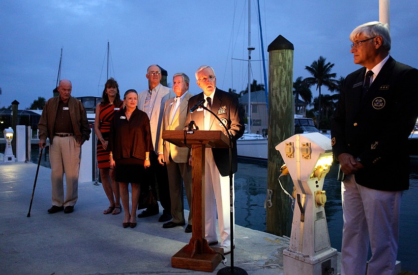 David Taylor, the President of the Bird Key Yacht Club Foundation, says a few words to guests during the dedication.