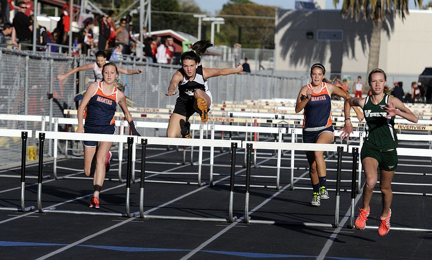 Braden Riverâ€™s Mary Stager competes in the 100-meter hurdles at the Ram Invitational Feb. 28.