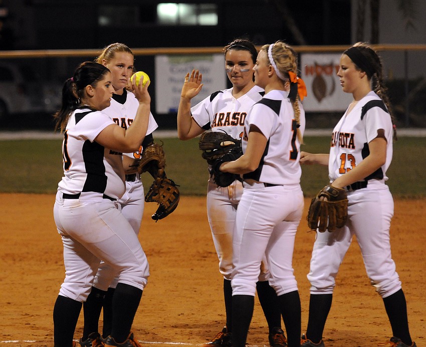 The Sarasota High infield gathers together before the start of its district game versus Lakewood Ranch March 4.