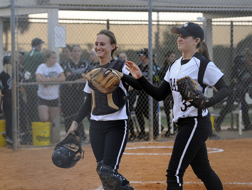 Braden River seniors Ashley Allard and Courtney Mirabella celebrate following another scoreless inning.