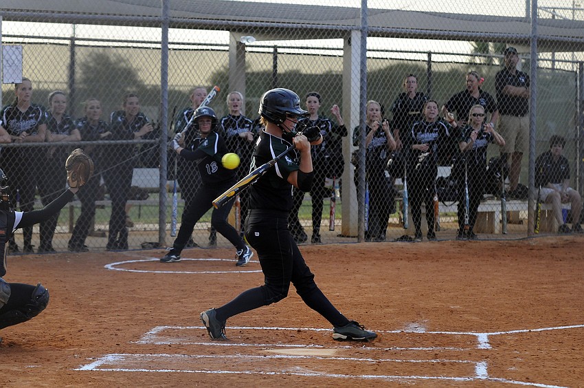Lakewood Ranch senior Taylor Newton fouls off a pitch in the bottom of the first inning.