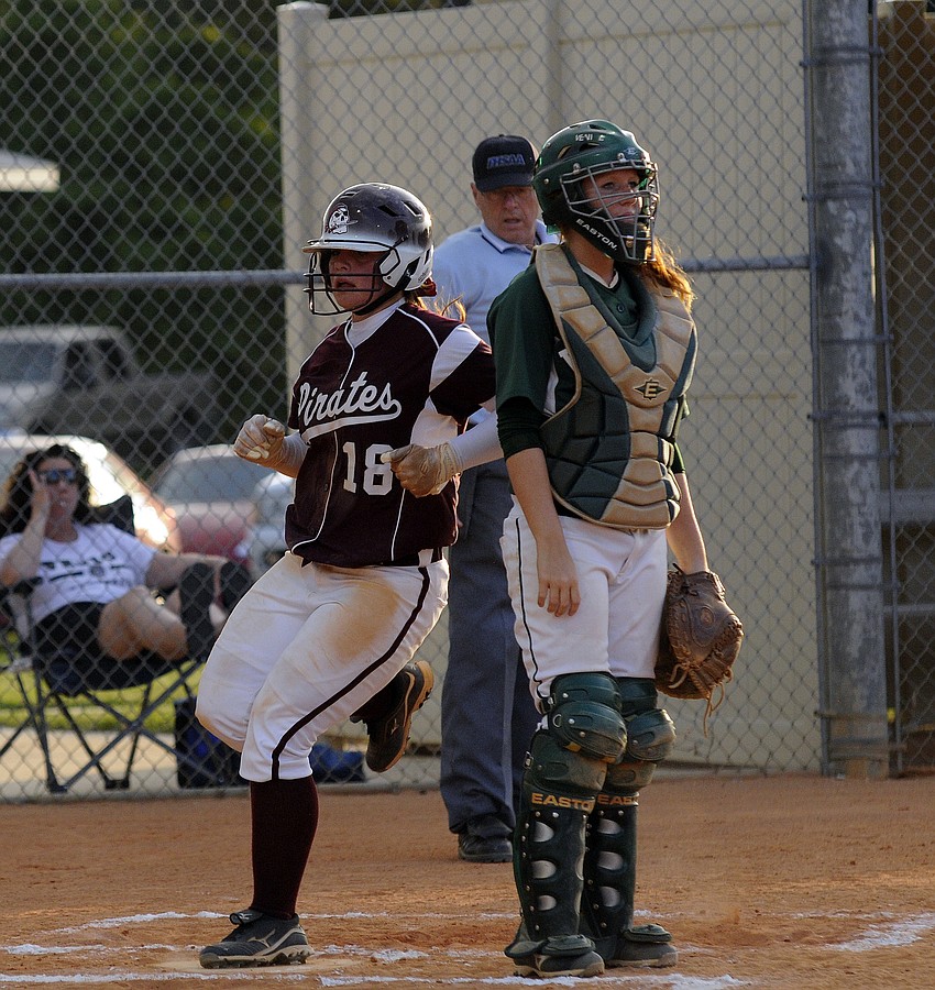 Braden River third baseman Jessica Cadorette scored the Lady Pirates first run in the bottom of the second inning.