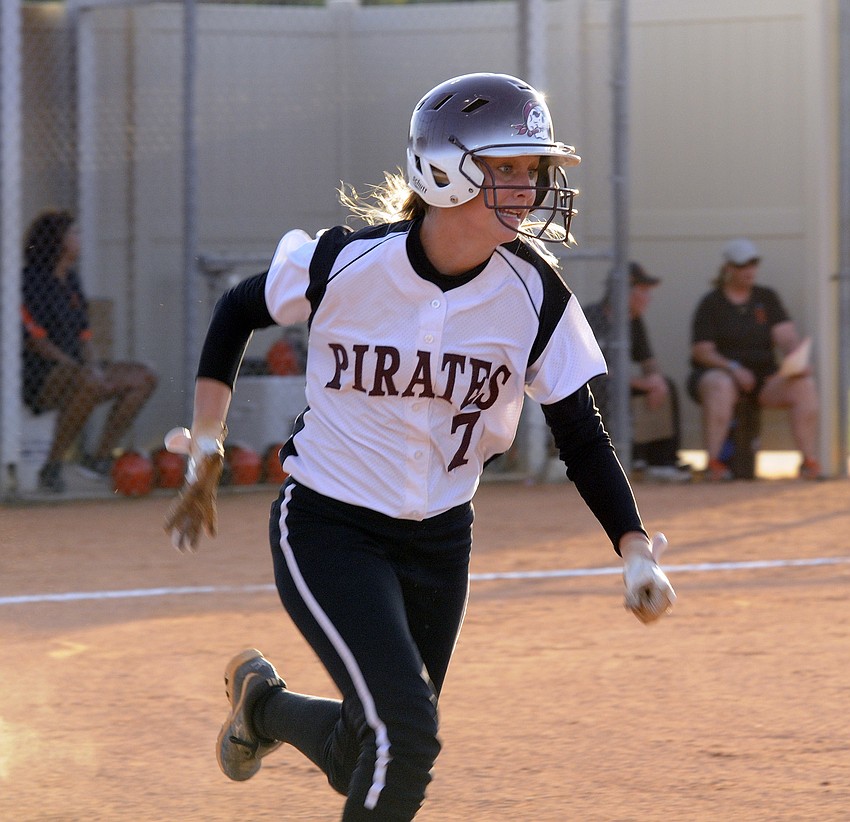 Braden River freshman Bethany Keen races down the first base line after getting a leadoff hit in the bottom of the first inning.