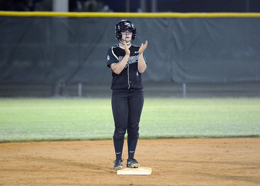 Lakewood Ranch senior Shea Fisher celebrates after reaching second base.
