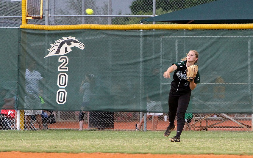 Lakewood Ranchâ€™s Shea Fisher, No. 6, throws the ball in from left field.