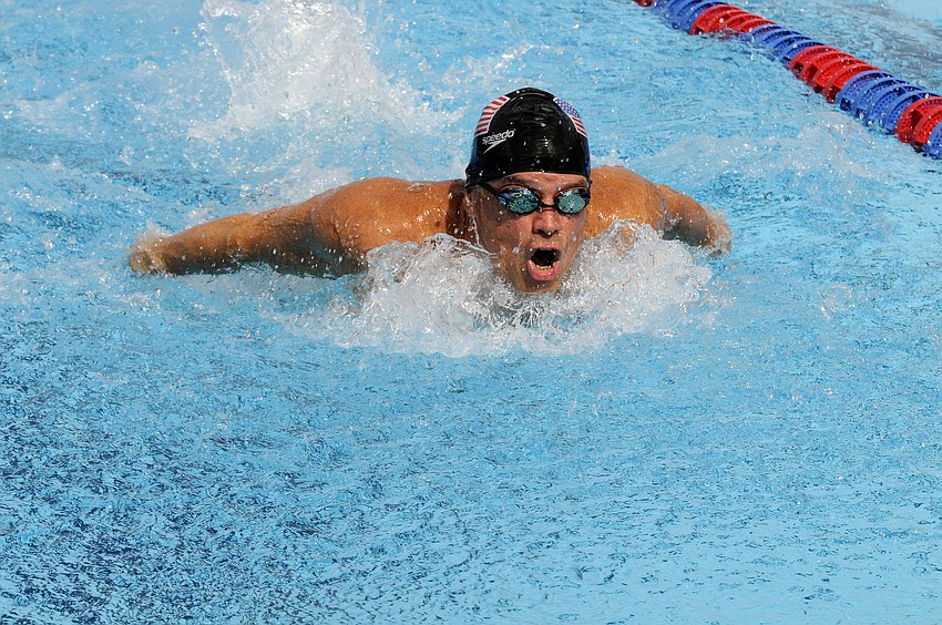 Jack Gooding of the United States swam the opening leg of the 200 IM in 31.92 seconds.