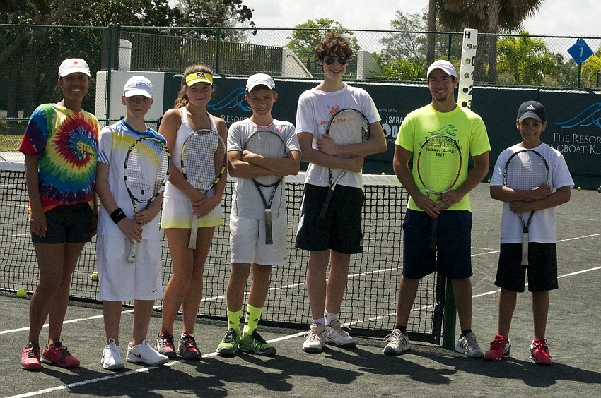 The Junior Tennis Camp campers: camp organizer Briana Harris FranÃ§ois, Stefan Stanczuk, Maddie Allen, Nick Carter, Thibult Bachelet, counselor Andrew Rios and Blake Williams.