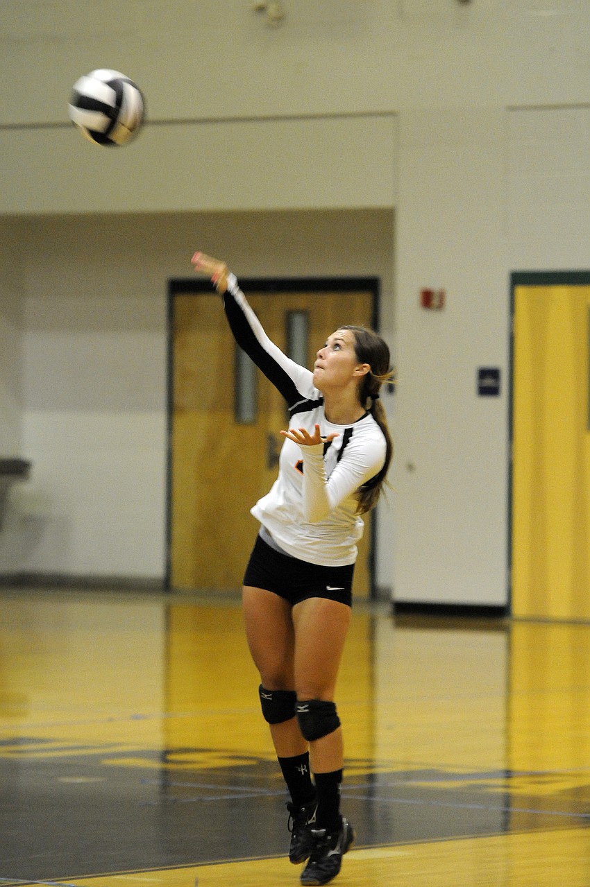 Sarasota junior middle hitter Toni Mogensen served the final point in Game 2.
