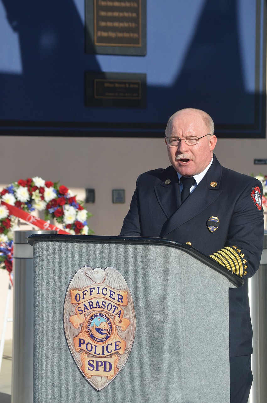 Sarasota County Fire Chief Mike Tobias recognizes the 400 emergency responders who died on Sept. 11.