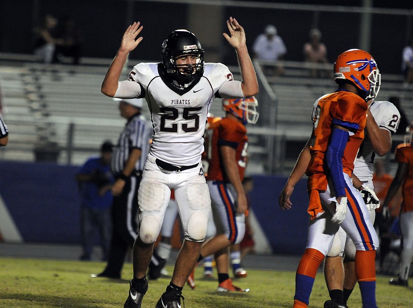 Braden River linebacker Zach Maugherman celebrates after his interception in the second quarter.