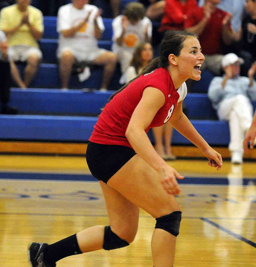 Junior Maria Soscia celebrates a point during Cardinal Mooneyâ€™s 3-0 Class 3A-District 10 semifinal victory over Bradenton Christian Oct. 22.