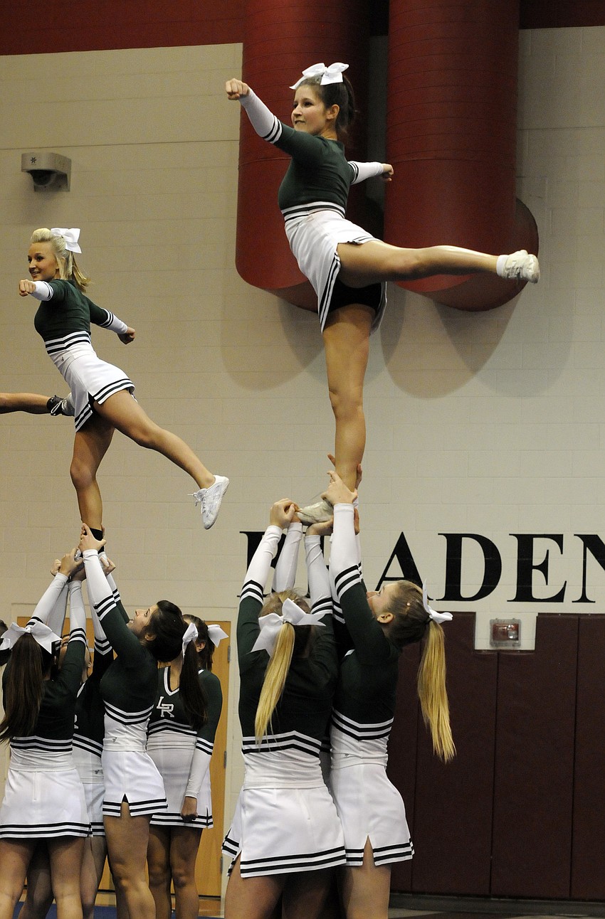 The Lakewood Ranch High varsity cheerleading squad performed several stunts throughout its routine.
