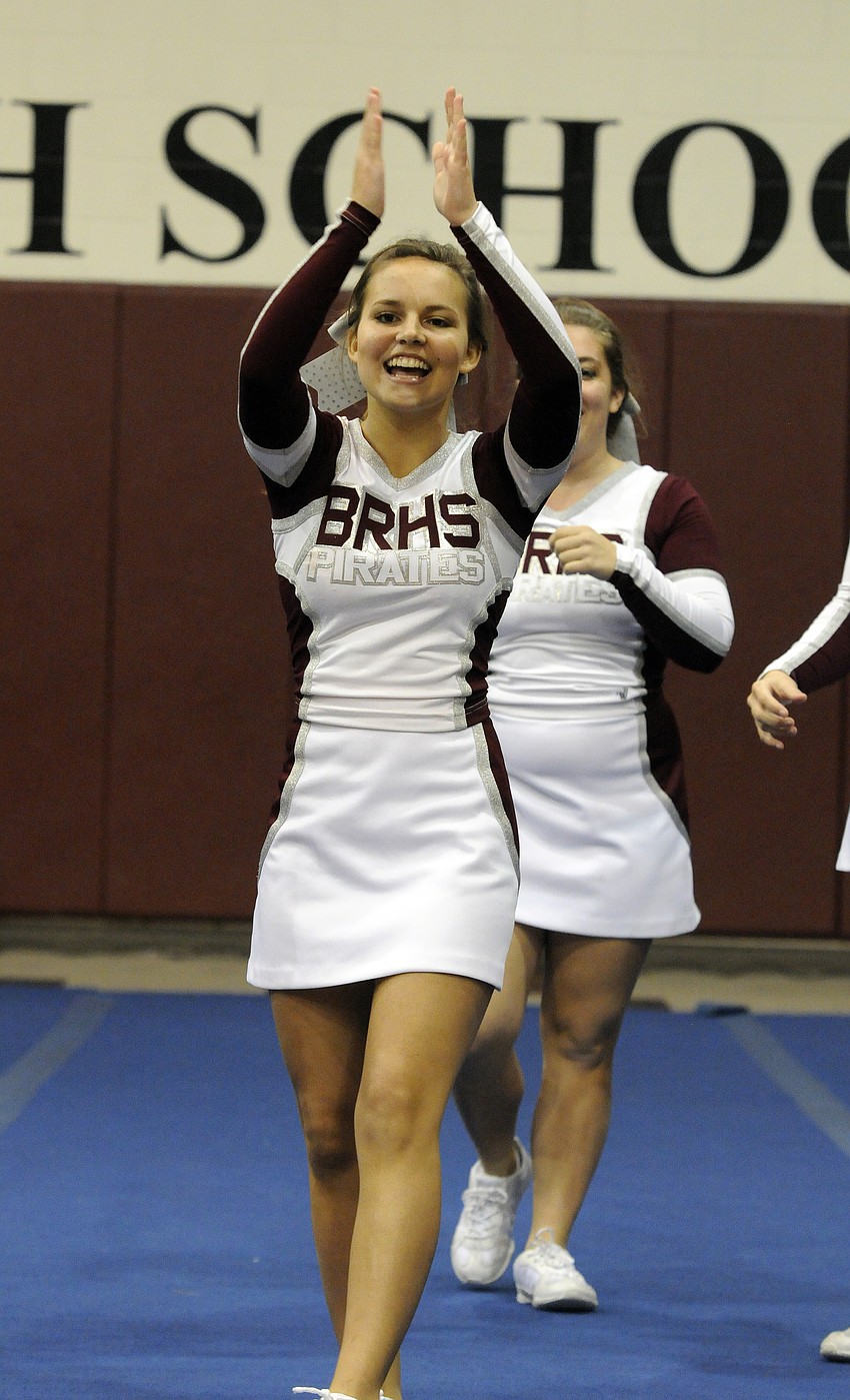 Braden River sophomore Millie Colgate reacts following the Pirates routine.