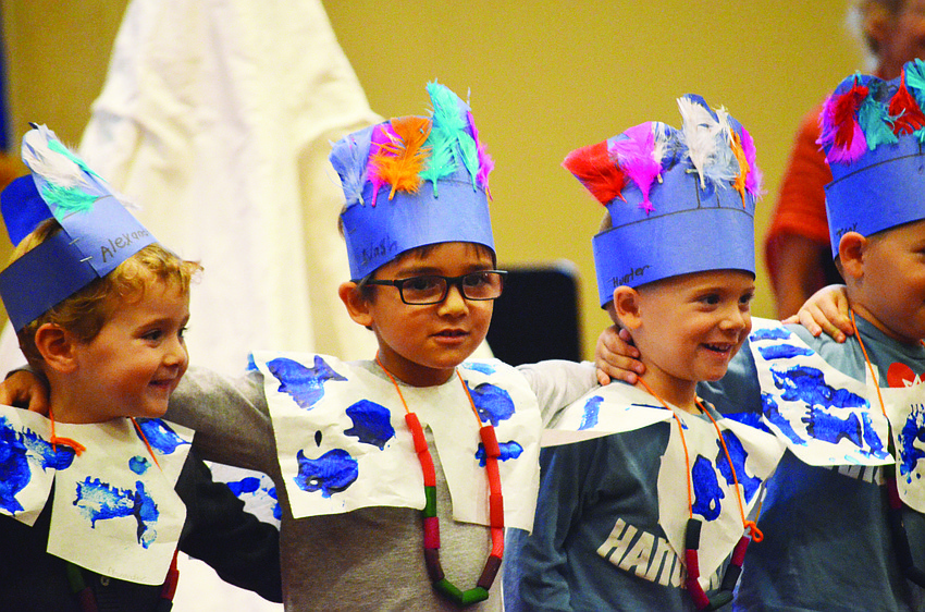 Alexander Nir, Nash Gold and Hunter Horlsey dance in the Thanksgivukkah pageant Nov. 25, at The Gan at Temple Sinai.