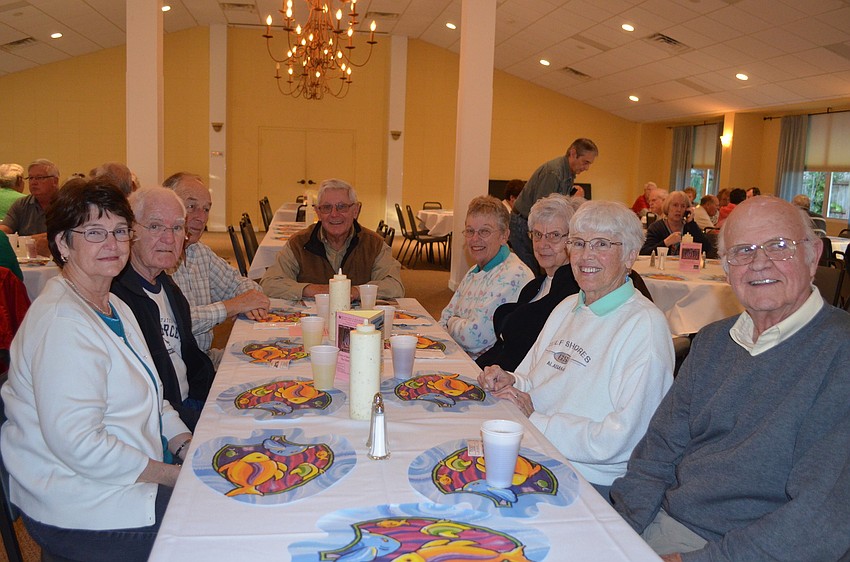 Marilyn and Lou Shetler, Ken Like, Earl and Janice Lagorin, Beverly Like with Ev and Eunice Eide wait for their dinner.