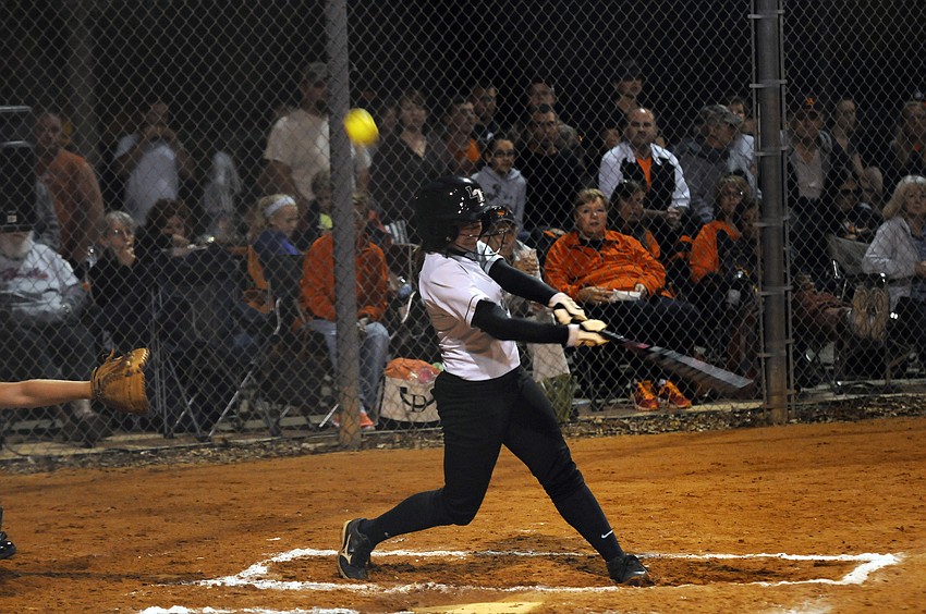 Lakewood Ranch sophomore Maddie Biggs fouls off a pitch in the first inning.
